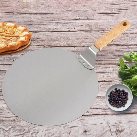 Meidong 10 Inch Stainless Steel Pizza Peel Metal Round Pizza Paddle, Large Pizza Spatula with Wood Handle for Baking Homemade Pizza and Bread